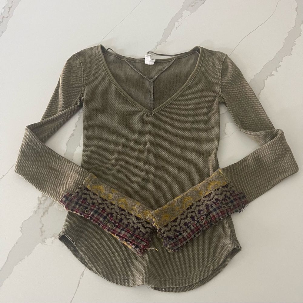 Free People Art School Olive Long Thermal Top with Patterned Cuffs